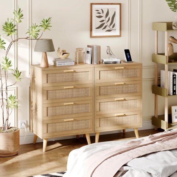 Rovaurx 4 Drawer Dresser for Bedroom, Rattan Chest of Dressers with Charging Station, Modern Dresser Chest with Golden Handles, Beside Table for Closet, Living Room and Entryway, Natural RDG008ME - Image 2