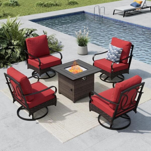 MFSTUDIO 5 Pieces Outdoor Patio Furniture Set, Metal Outdoor Conversation Sofa, Rattan Wicker Patio Sectional Sofa Set with 4 x Swivel Single Sofa, 1 x Fire Pit Table, Red