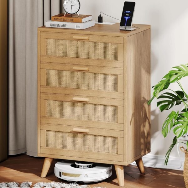 Rovaurx 4 Drawer Dresser for Bedroom, Rattan Chest of Dressers with Charging Station, Modern Dresser Chest with Golden Handles, Beside Table for Closet, Living Room and Entryway, Natural RDG008ME - Image 4