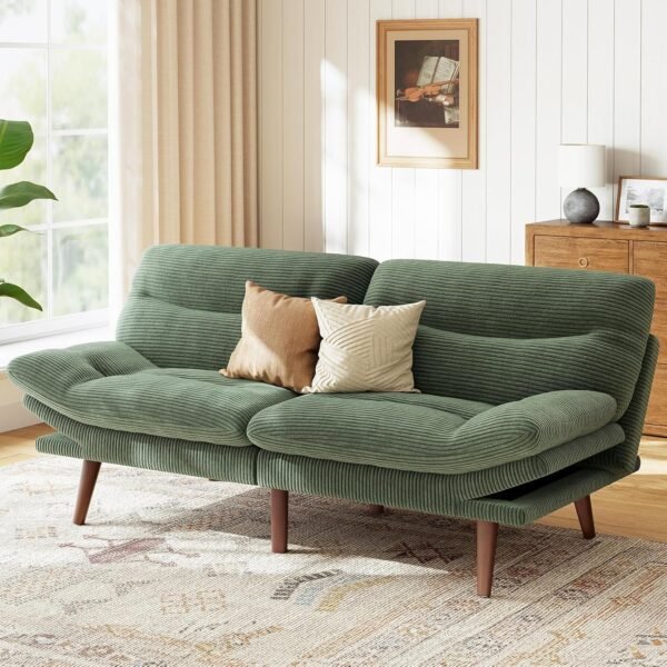 Marsail Futon Sofa Bed, Corduroy Futon Couch with Adjustable Backrest & Armrests, Convertible Small Sleeper Sofa Bed for Small Apartments, Study Room, Office, Green