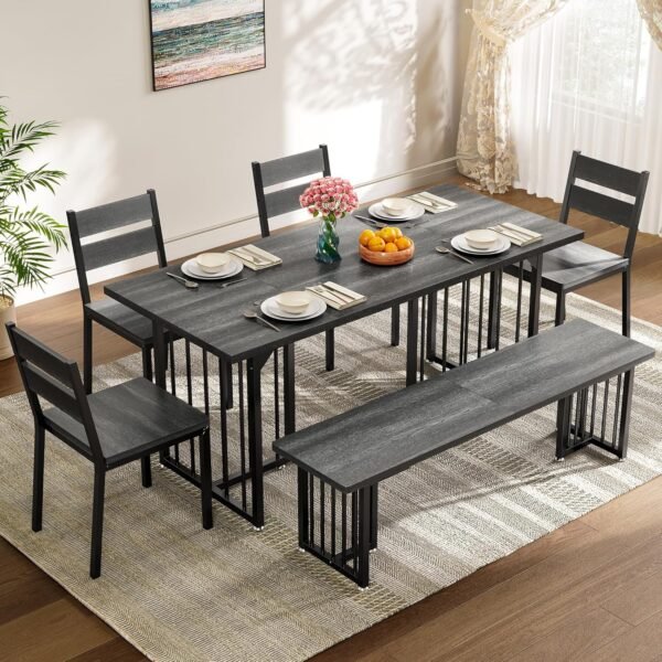 DWVO 6-Piece Dining Table Set for 6-8 People 63 Inch Kitchen Table Set with 2 Benches and 2 Chairs Farmhouse Rectangular Dining Room Table Set for Kitchen Dining Room Apartment Dark Grey