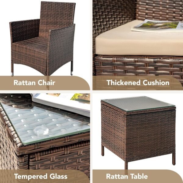 Devoko Patio Porch Furniture Sets 3 Pieces PE Rattan Wicker Chairs with Table Outdoor Garden Furniture Sets (Brown/Beige) - Image 7