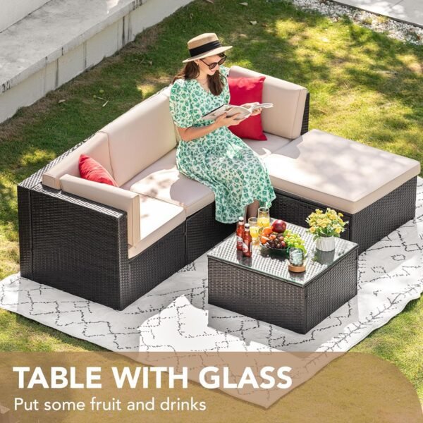 Devoko 5 Pieces Patio Furniture Sets All Weather Outdoor Sectional Patio Sofa Manual Weaving Wicker Rattan Patio Seating Sofas with Cushion and Glass Table(Beige) - Image 4