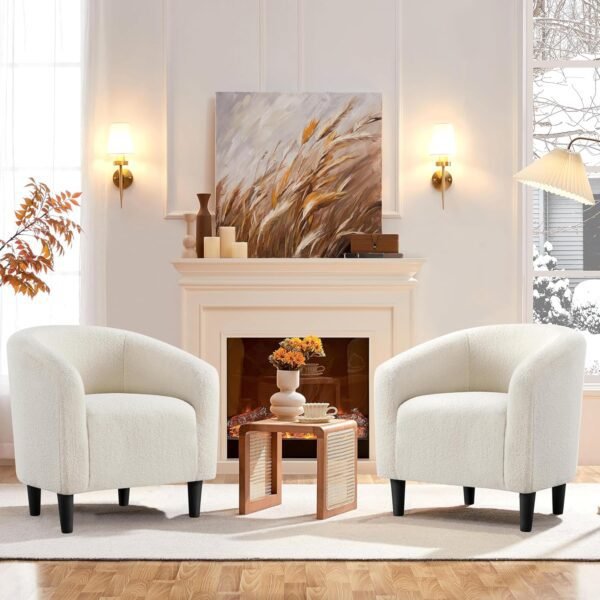 Yaheetech Barrel Chairs, Furry Accent Chairs, Sherpa Chairs with Soft Padded Armrest, Fuzzy Club Chairs for Living Room Bedroom Waiting Room Office, Accent Chairs Set of 2, Ivory - Image 2
