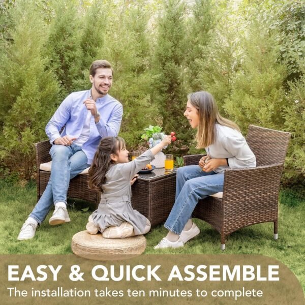 Devoko Patio Porch Furniture Sets 3 Pieces PE Rattan Wicker Chairs with Table Outdoor Garden Furniture Sets (Brown/Beige) - Image 6