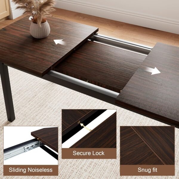 5 Pieces Dining Room Table Set for 4-6, 63' Extendable Kitchen Table Set with 2 Benches & 2 Stools, Small Dining Table Set with Metal Frame & MDF Board, Espresso - Image 4