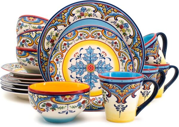 Euro Ceramica Zanzibar Collection 16 Piece Dinnerware Set Kitchen and Dining, Service for 4, Spanish Floral Design, Multicolor, Blue and Yellow