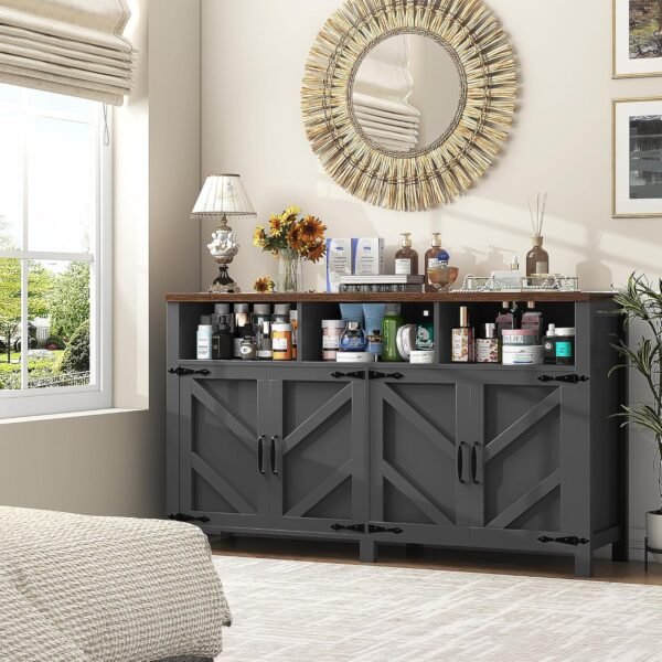 Buffet Sideboard with Storage Farmhouse with 4 Doors, 55'' Large Kitchen Storage Cabinet Wood Coffee Bar Cabinet Buffet Table with Shelves for Kitchen, Dining Room, Entryway (Black, 55 in) - Image 9