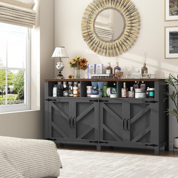 Buffet Sideboard with Storage Farmhouse with 4 Doors, 55'' Large Kitchen Storage Cabinet Wood Coffee Bar Cabinet Buffet Table with Shelves for Kitchen, Dining Room, Entryway (Black, 55 in) - Image 9