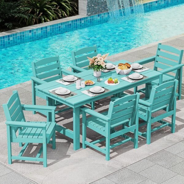 SERWALL 7-Piece Patio Table Set, Outdoor HDPE Dining Furniture with Umbrella Hole, All Weather Table and Chairs for Lawn, Garden, Poolside, Aruba - Image 7