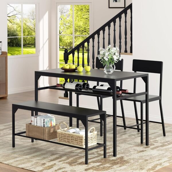 Shintenchi Kitchen Table Chairs Set of 4, Dining Table Set for 4 with Bench and Chairs, 4 Pieces Kitchen Table Set with Storage Rack & Metal Frame for Small Space, Black - Image 7