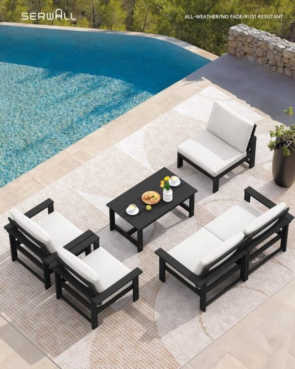 SERWALL HDPE Patio Conversation Set, 6-Piece Sectional Outdoor Furniture, All Weather Couch Set for Deck, Lawn, Black Frame with Khaki Cushion - Image 6