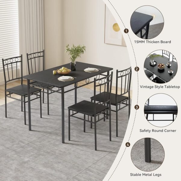 Dining Table Set for 4, 5-Piece Kitchen Table and Chairs, Rectangular Dining Room Table Set with 4 Chairs, Space-Saving Kitchen Table Set for Small Space,Dinette,Apartment,Retro Black - Image 4