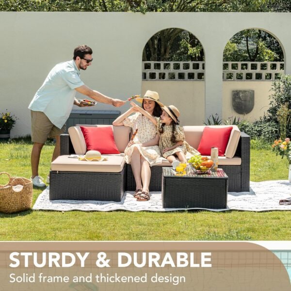 Devoko 5 Pieces Patio Furniture Sets All Weather Outdoor Sectional Patio Sofa Manual Weaving Wicker Rattan Patio Seating Sofas with Cushion and Glass Table(Beige) - Image 6