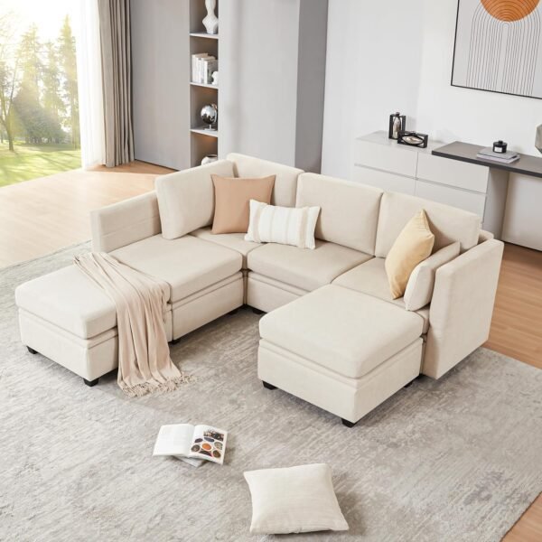 Modular Sectional Sofa with Storage, U Shaped Sectional Couch for Living Room, Convertible Modular Sofa Couch with Ottomans, High Supportive & Soft Sponge, 6 Seat, Beige - Image 6