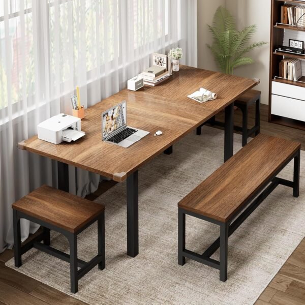 Feonase 5-Piece Dining Table Set for 4-8 People, 63" Extendable Kitchen Table Set with 2 Benches and 2 Square Stools, Dining Room Table with Heavy-Duty Frame, Easy Assembly, Walnut - Image 7
