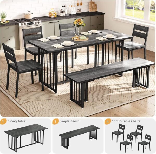 DWVO 6-Piece Dining Table Set for 6-8 People 63 Inch Kitchen Table Set with 2 Benches and 2 Chairs Farmhouse Rectangular Dining Room Table Set for Kitchen Dining Room Apartment Dark Grey - Image 5