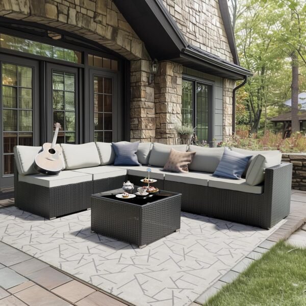 Skyfish 7 Pieces Patio Furniture Set - Outdoor Sectional Wicker Rattan Furniture with Cushion and Glass Table Patio Conversation Sets for Porch Poolside Backyard Outdoor Sofa Set Modular Sofa - Image 7