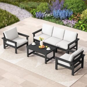SERWALL HDPE Patio Conversation Set, 6-Piece Sectional Outdoor Furniture, All Weather Couch Set for Deck, Lawn, Black Frame with Khaki Cushion