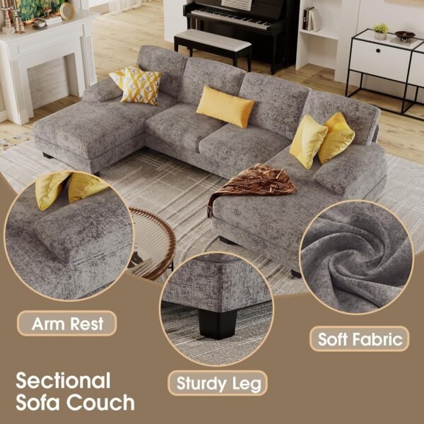 Furmax Sectional Couches for Living Room, U-Shaped Sofa Couch with Linen Fabric, 4 Seat Sofa Set with Double Chaise for Apartment (Fabric, Grey) - Image 5