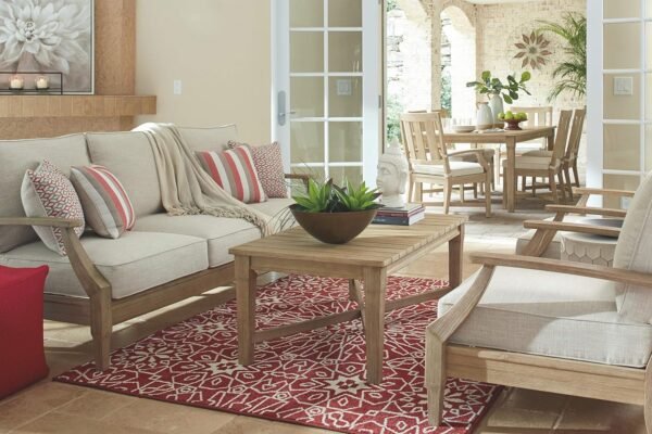 Signature Design by Ashley Clare View Coastal Outdoor Patio Eucalyptus Sofa with Cushions, Beige - Image 6