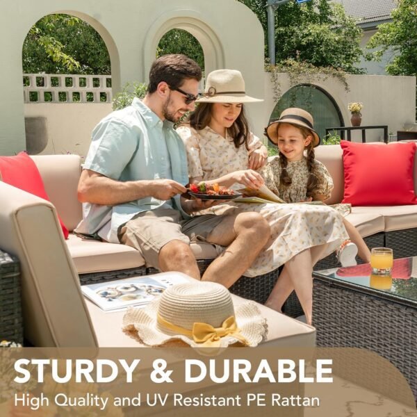 Devoko Patio Furniture Sets 6 Pieces Outdoor Sectional Rattan Sofa Manual Weaving Wicker Patio Conversation Set with Glass Table and Cushion (Beige) - Image 5