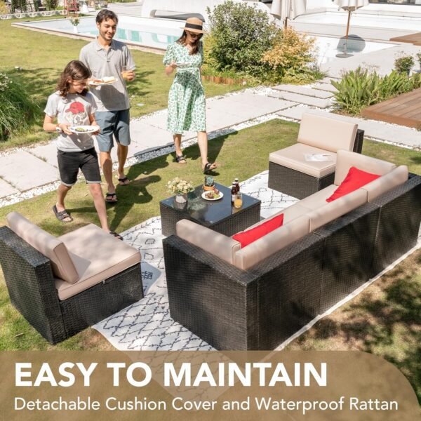 Devoko Patio Furniture Sets 6 Pieces Outdoor Sectional Rattan Sofa Manual Weaving Wicker Patio Conversation Set with Glass Table and Cushion (Beige) - Image 3