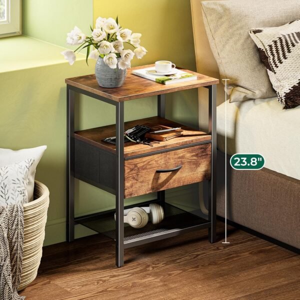 Huuger Nightstand Set of 2, Night Stand with Fabric Drawer, Mesh Shelf, Side Table with Storage, Fabric Drawer Dresser, Open Shelf, Metal Frame, Bedroom, Rustic Brown - Image 4