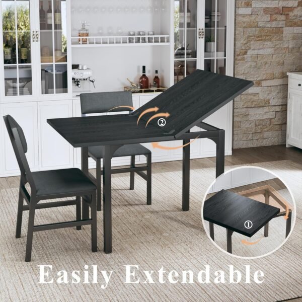 Dining Table Set for 4, Extendable Kitchen Table Cushion Chairs Set of 4, Rectangle Dining Table with Metal Frame & MDF Board, Folding for Small Apartment Saving Space, Black - Image 2