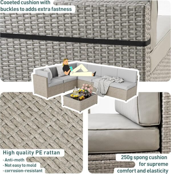 Pamapic 7 Pieces Outdoor Sectional Furniture，Wicker Patio sectional Furniture Sets，All-Weather Rattan Patio Conversation Set with Washable Cushions Covers， Gray Rattan(Gray Cushions) - Image 4