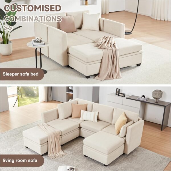 Modular Sectional Sofa with Storage, U Shaped Sectional Couch for Living Room, Convertible Modular Sofa Couch with Ottomans, High Supportive & Soft Sponge, 6 Seat, Beige - Image 2