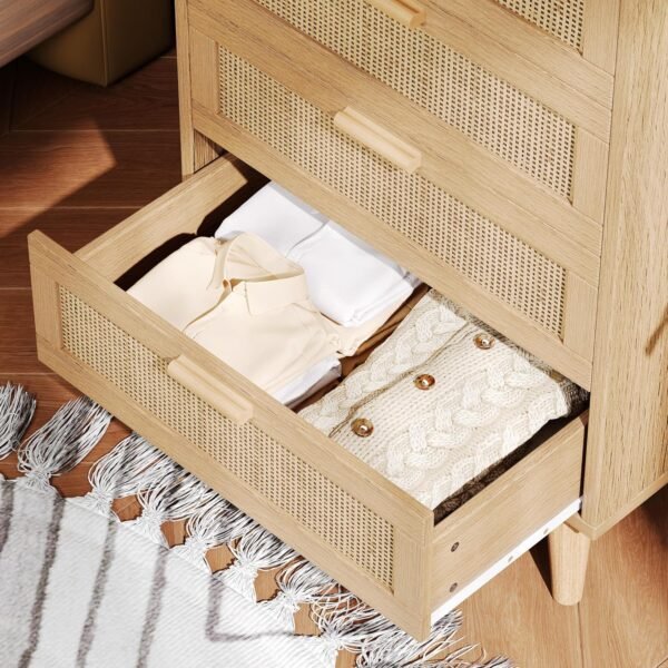 Rovaurx 4 Drawer Dresser for Bedroom, Rattan Chest of Dressers with Charging Station, Modern Dresser Chest with Golden Handles, Beside Table for Closet, Living Room and Entryway, Natural RDG008ME - Image 6