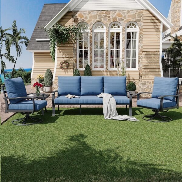 HOMREST Patio Furniture Sets 4 PCS Outdoor Metal Conversation Sets, 360 Degree Swivel Rocking Chairs Patio Conversation Set with Coffee Table and 3-Seat Sofa for Garden, Deck and Poolside