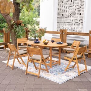 Cambridge Casual Miami Teak Wood Patio Dining Set with Sunbrella Cushion, Natural Teak/Cast Shale