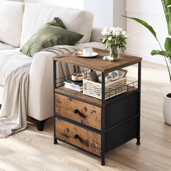 EnHomee Nightstand Set of 2, 17.8" W Bedside Table with Fabric Drawers and Open Wood Shelf Storage, Safety Netting on 2 Sides of Bedside Table,Night Stand for Bedroom,Living Room,Dorm, Rustic Brown - Image 2