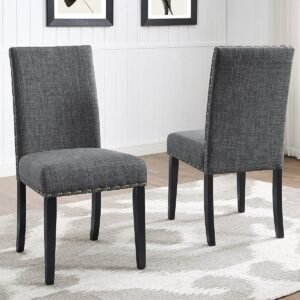 Roundhill Furniture Biony Gray Fabric Dining Chairs with Nailhead Trim, Pack of 2