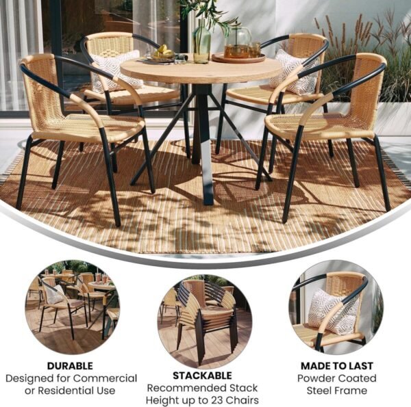Flash Furniture Lila 4 Pack Beige Rattan Indoor-Outdoor Restaurant Stack Chair | Versatile and Stylish Seating - Image 4