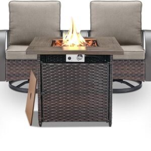 5 Pieces Patio Furniture Set with Fire Pit Table - 4 Outdoor Swivel Rocker Chairs with 50000 BTU Propane Fire Pit Table, Patio Conversation Sets for Outside Backyard Patio Casual Gathering