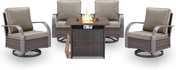 5 Pieces Patio Furniture Set with Fire Pit Table - 4 Outdoor Swivel Rocker Chairs with 50000 BTU Propane Fire Pit Table, Patio Conversation Sets for Outside Backyard Patio Casual Gathering