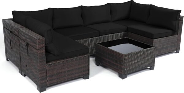 LEVELEVE 7 Pieces Outdoor Patio Furniture Sets,Rattan Conversation Sectional Set,Manual Weaving Wicker Patio Sofa with Tea Table