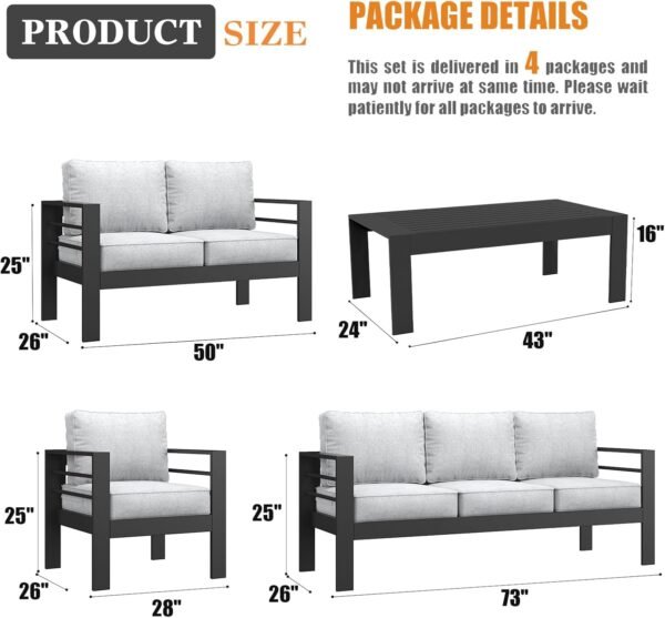 5 Pieces Modern Aluminum Patio Furniture Set, Outdoor Conversation Sets Metal Sectional Sofa with Coffee Table - Image 7