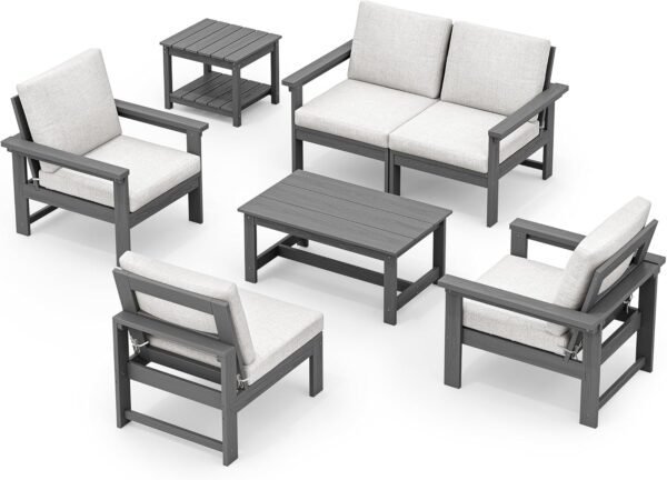 SERWALL HDPE Outdoor Patio Furniture Set, 7-Piece Outdoor Sectional Patio Conversation Set, All Weather Outdoor Couch Set Patio Sofa Set for Deck, Lawn, Grey Frame with Khaki Cushion - Image 10