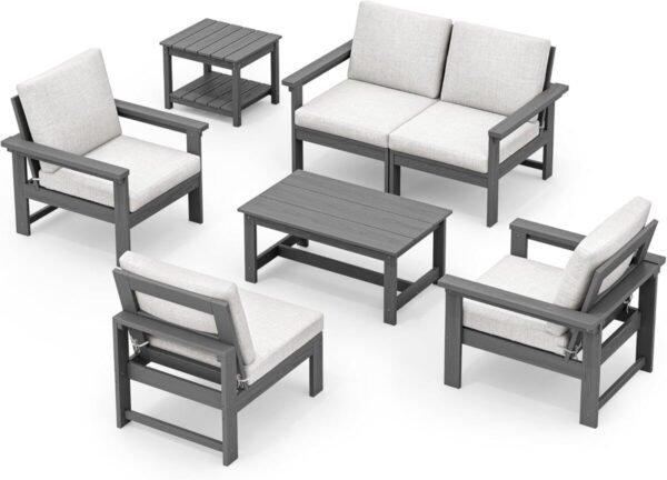 SERWALL HDPE Outdoor Patio Furniture Set, 7-Piece Outdoor Sectional Patio Conversation Set, All Weather Outdoor Couch Set Patio Sofa Set for Deck, Lawn, Grey Frame with Khaki Cushion - Image 10