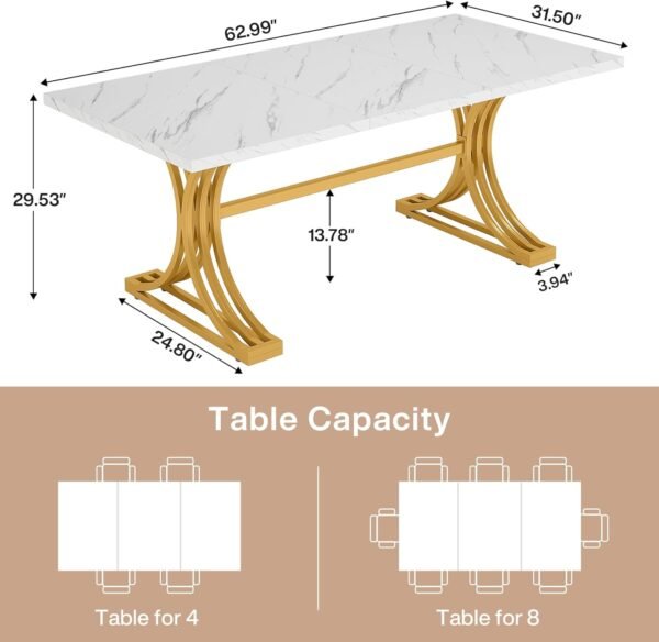 Tribesigns 63-Inch Rectangular Dining Table for 4 to 6, Modern Kitchen Table with Stylish Metal Trestle Legs, Large Dinner Table for Dining Room, Chair Not Included (White+Gold) - Image 5