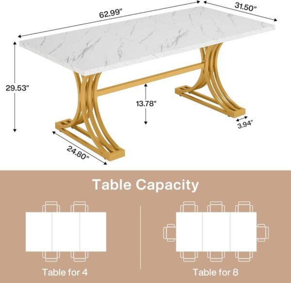 Tribesigns 63-Inch Rectangular Dining Table for 4 to 6, Modern Kitchen Table with Stylish Metal Trestle Legs, Large Dinner Table for Dining Room, Chair Not Included (White+Gold) - Image 5