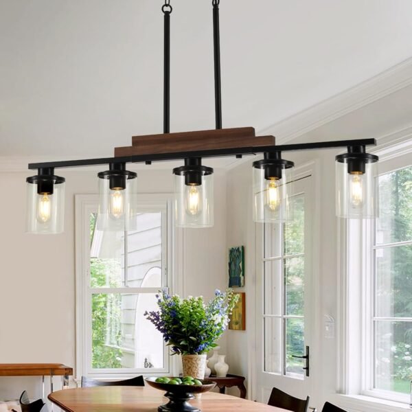 Dining Room Light Fixture Over Table,Farmhouse 5-Light Kitchen Island Lighting, Linear Chandelier with Clear Glass Shades, Modern Rustic Wood Chandelier with Adjustable Height - Image 2