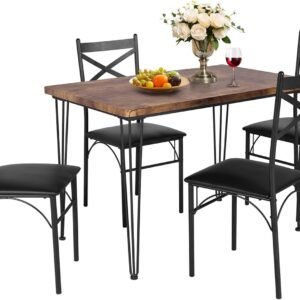 VECELO Kitchen Dining Room Table Set with 4 Chairs for Small Space, Apartment,Metal Steel Frame