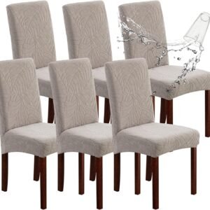 Genina Waterproof Chair Covers for Dining Room 6 Pack, Stretch Jacquard Dining Chair Cover Removable Washable Chair Protectors Cover for Kitchen, Home (Leaves-Warm Gray, 6 PCS)