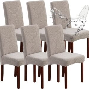 Genina Waterproof Chair Covers for Dining Room 6 Pack, Stretch Jacquard Dining Chair Cover Removable Washable Chair Protectors Cover for Kitchen, Home (Leaves-Warm Gray, 6 PCS)