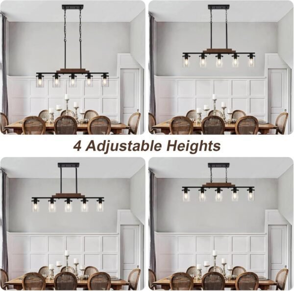 Dining Room Light Fixture Over Table,Farmhouse 5-Light Kitchen Island Lighting, Linear Chandelier with Clear Glass Shades, Modern Rustic Wood Chandelier with Adjustable Height - Image 7